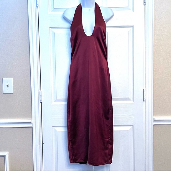 JASON WU Satin MIDI Dress Plunging U Neckline Halter Burgundy Wine Sz S NWT - Picture 5 of 11